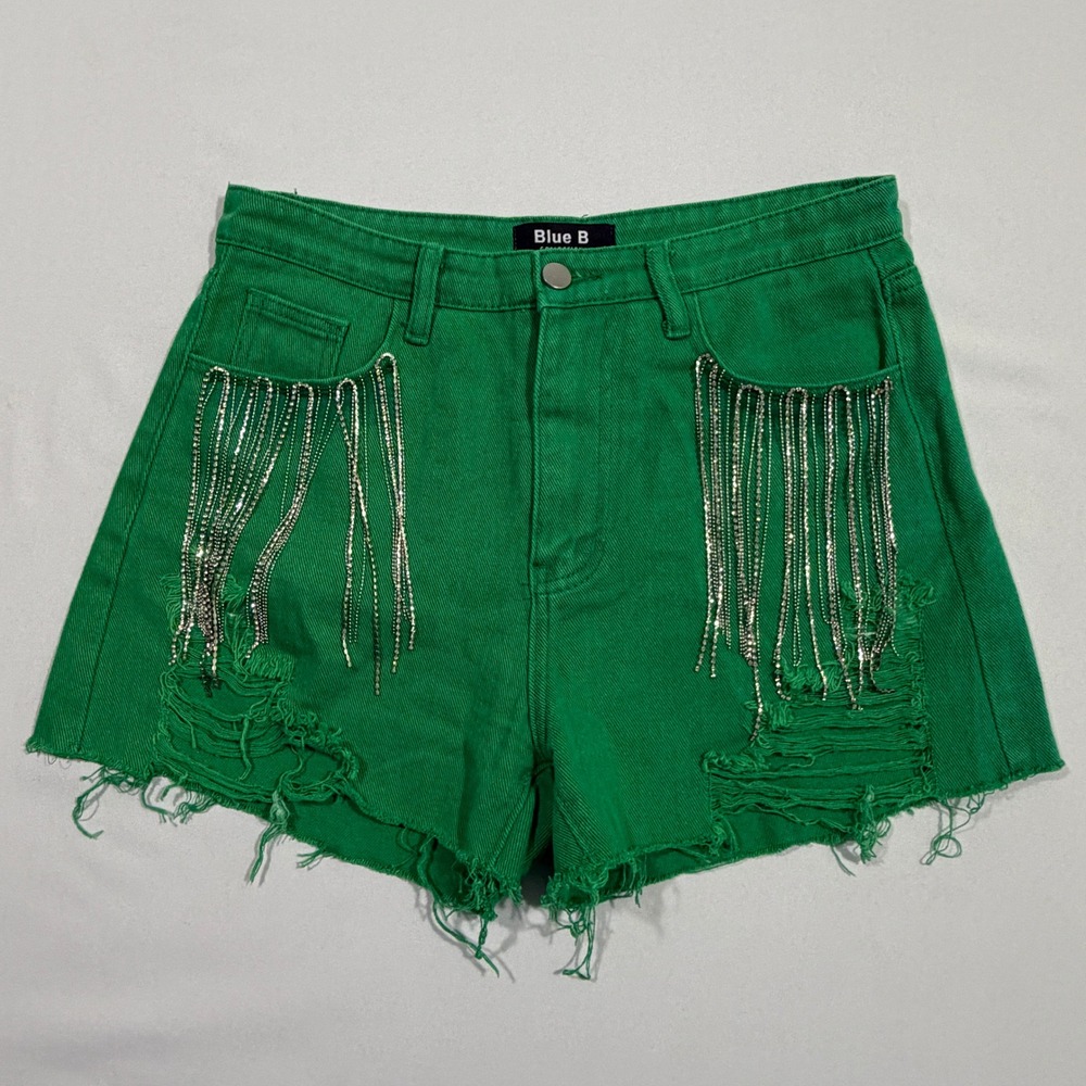 Blue B Collection Shorts L Women Green Distressed Rhinestone Fringe Y2K Festival